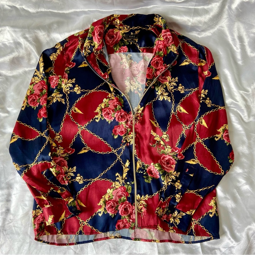 Zara Red and Navy Floral Chain Bomber Jacket, Relaxed Fit